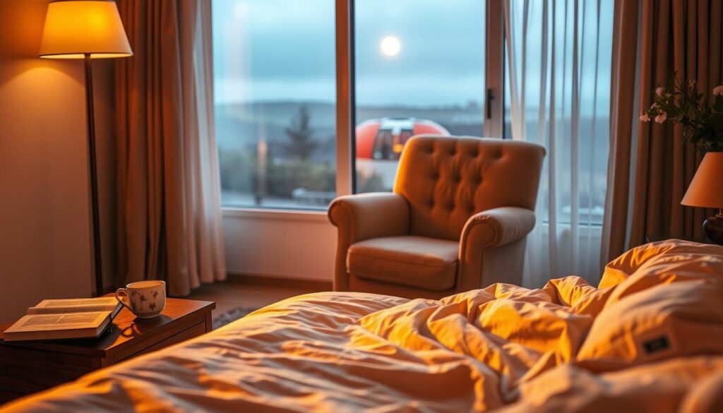 A cozy bedroom bathed in warm, golden light. In the foreground, a comfortable bed with soft, plush bedding invites the viewer to sink into its embrace. Beside the bed, a nightstand holds a cup of chamomile tea and a book, symbols of relaxation and rest. The middle ground features a plush armchair, its deep cushions beckoning the viewer to sit and unwind. In the background, a large window overlooks a serene, moonlit landscape, the gentle breeze rustling the curtains. The atmosphere is one of tranquility and peace, creating a sense of calm and serenity that promotes deep, restful sleep. A cozy bedroom bathed in warm, golden light. In the foreground, a comfortable bed with soft, plush bedding invites the viewer to sink into its embrace. Beside the bed, a nightstand holds a cup of chamomile tea and a book, symbols of relaxation and rest. The middle ground features a plush armchair, its deep cushions beckoning the viewer to sit and unwind. In the background, a large window overlooks a serene, moonlit landscape, the gentle breeze rustling the curtains. The atmosphere is one of tranquility and peace, creating a sense of calm and serenity that promotes deep, restful sleep.