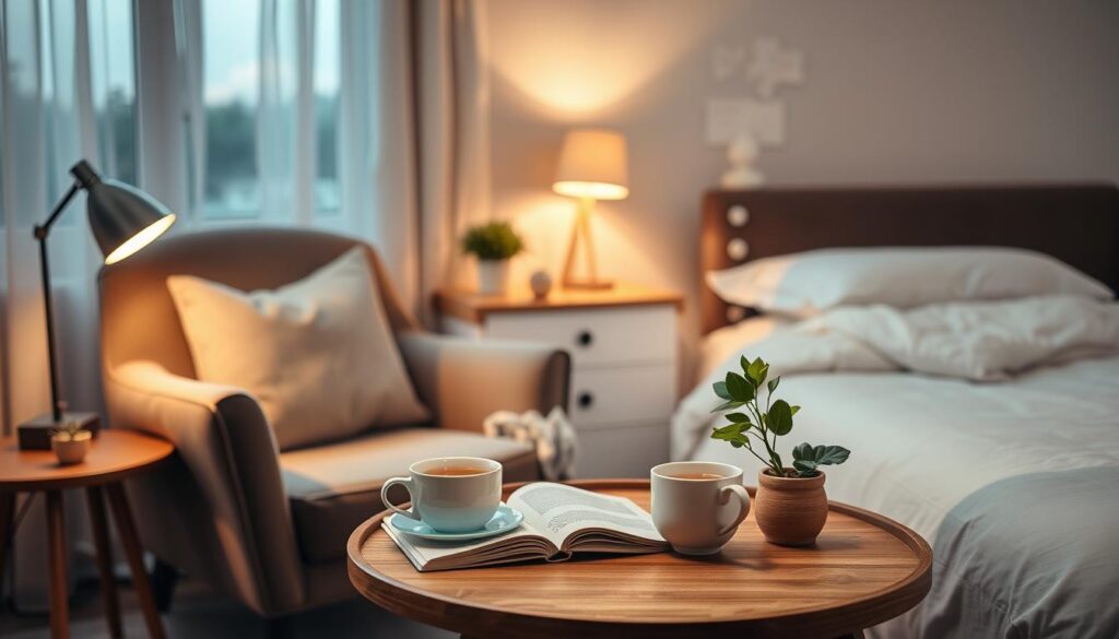 A cozy bedroom scene at dusk, with a plush armchair beside a low table holding a steaming mug of herbal tea, a book, and a small potted plant. Soft, warm lighting from a nearby reading lamp creates a tranquil ambiance. In the background, a nightstand with a small oil diffuser emitting soothing aromas, and a neatly made bed with crisp, white linens beckons for a restful sleep. The overall atmosphere is one of calm, comfort, and mindful relaxation, setting the stage for a restorative bedtime routine.