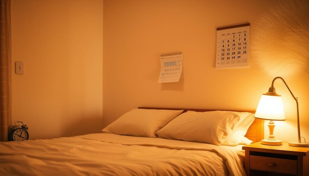 A cozy bedroom with warm, diffused lighting illuminating a neatly made bed. On the nightstand, an analog clock displays the time, suggesting a consistent schedule. In the background, a simple wall calendar hangs, its pages indicating the passage of days. The overall atmosphere is one of tranquility and order, reflecting the importance of a regular sleep routine. The camera angle is slightly elevated, providing a comprehensive view of the serene and well-organized sleeping environment. A cozy bedroom with warm, diffused lighting illuminating a neatly made bed. On the nightstand, an analog clock displays the time, suggesting a consistent schedule. In the background, a simple wall calendar hangs, its pages indicating the passage of days. The overall atmosphere is one of tranquility and order, reflecting the importance of a regular sleep routine. The camera angle is slightly elevated, providing a comprehensive view of the serene and well-organized sleeping environment.