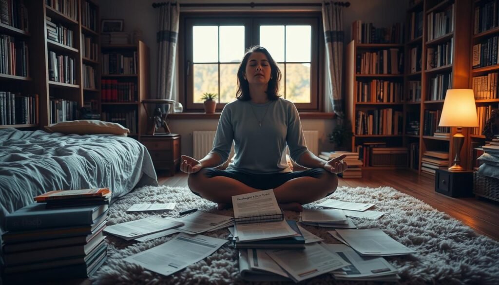 A cozy, dimly lit study with soft, warm lighting from a bedside lamp. In the foreground, a person sits cross-legged on a plush rug, eyes closed, in a meditative pose. Scattered around them are various scientific papers and books on sleep and grounding. In the middle ground, a large window overlooking a tranquil, natural landscape, with sunlight filtering in. The background features bookshelves filled with volumes on wellness and health, creating a serene, introspective atmosphere. The overall mood is one of introspection, research, and the pursuit of deeper understanding about the science behind grounding and its effects on sleep.