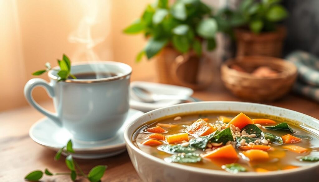 A cozy kitchen scene featuring a steaming cup of moringa tea and a hearty bowl of moringa-infused soup. The tea cup is placed on a wooden table, with a sprig of fresh moringa leaves adding a lively touch. The soup bowl is in the foreground, its rich, aromatic broth gently simmering and topped with diced moringa leaves, carrots, and a sprinkle of toasted sesame seeds. Warm, diffused lighting bathes the scene, creating a comforting and inviting atmosphere. The background is softly blurred, emphasizing the focus on the soothing and nourishing moringa-based delights. A cozy kitchen scene featuring a steaming cup of moringa tea and a hearty bowl of moringa-infused soup. The tea cup is placed on a wooden table, with a sprig of fresh moringa leaves adding a lively touch. The soup bowl is in the foreground, its rich, aromatic broth gently simmering and topped with diced moringa leaves, carrots, and a sprinkle of toasted sesame seeds. Warm, diffused lighting bathes the scene, creating a comforting and inviting atmosphere. The background is softly blurred, emphasizing the focus on the soothing and nourishing moringa-based delights.