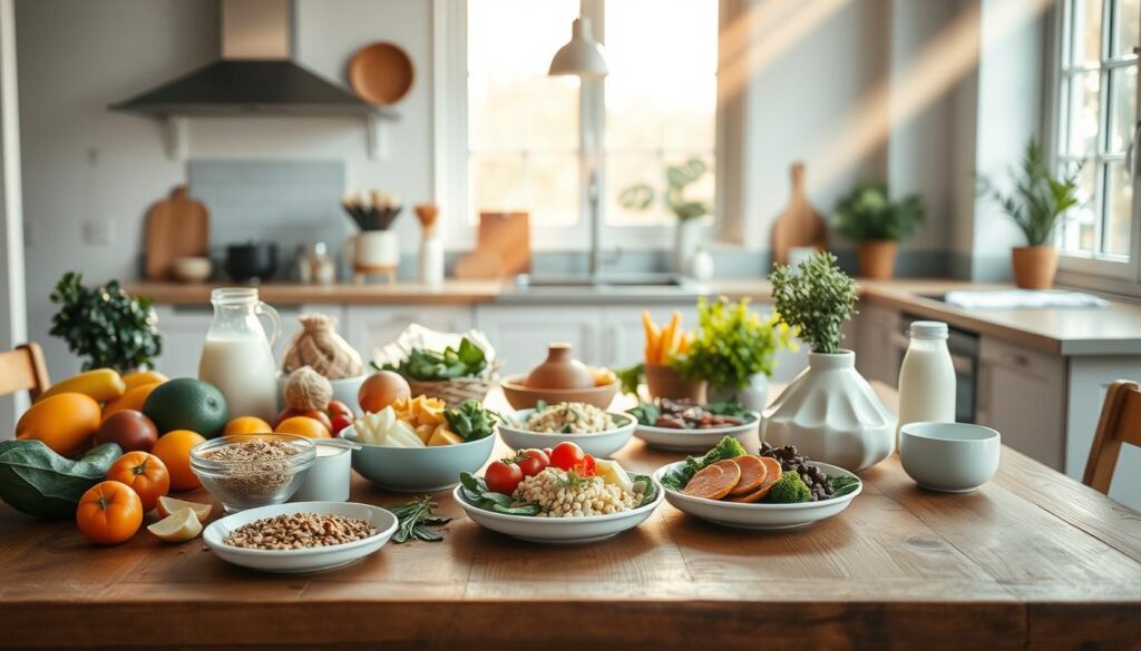 A cozy kitchen scene showcasing a three-day meal plan for a hormone-balancing diet. In the foreground, a wooden table displays a variety of healthy ingredients like fresh produce, whole grains, lean proteins, and dairy. Delicate rays of warm, natural light pour in from large windows, casting a soft glow on the scene. In the middle ground, three meal plates are arranged, each containing a balanced selection of nutritious foods. The background features minimalist decor and appliances, emphasizing the focus on the meal plan. The overall atmosphere is one of simplicity, health, and mindfulness, reflecting the holistic approach to hormone-balancing for women over 30. A cozy kitchen scene showcasing a three-day meal plan for a hormone-balancing diet. In the foreground, a wooden table displays a variety of healthy ingredients like fresh produce, whole grains, lean proteins, and dairy. Delicate rays of warm, natural light pour in from large windows, casting a soft glow on the scene. In the middle ground, three meal plates are arranged, each containing a balanced selection of nutritious foods. The background features minimalist decor and appliances, emphasizing the focus on the meal plan. The overall atmosphere is one of simplicity, health, and mindfulness, reflecting the holistic approach to hormone-balancing for women over 30.