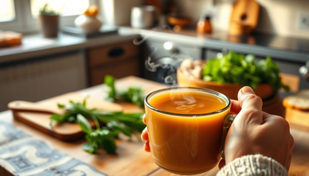 A cozy kitchen scene with a person enjoying a warm cup of homemade bone broth. The foreground shows their hands cradling the steaming mug, the rich, golden liquid gently swirling. The middle ground reveals a wooden table, a selection of fresh herbs, and perhaps a loaf of crusty bread, conveying the nourishing simplicity of this gut-healing elixir. The background softly blurs, suggesting a comforting, domestic atmosphere, with natural light filtering in through a window, casting a gentle glow. The overall mood is one of tranquility, care, and the rejuvenating power of this ancient superfood. A cozy kitchen scene with a person enjoying a warm cup of homemade bone broth. The foreground shows their hands cradling the steaming mug, the rich, golden liquid gently swirling. The middle ground reveals a wooden table, a selection of fresh herbs, and perhaps a loaf of crusty bread, conveying the nourishing simplicity of this gut-healing elixir. The background softly blurs, suggesting a comforting, domestic atmosphere, with natural light filtering in through a window, casting a gentle glow. The overall mood is one of tranquility, care, and the rejuvenating power of this ancient superfood.