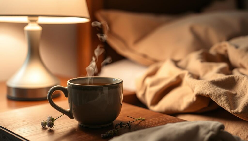 A cozy nighttime scene, a ceramic mug filled with steaming herbal tea resting on a wooden nightstand. The mug's surface reflects the warm, soft lighting from a nearby table lamp, casting a gentle glow. A small sprig of fragrant herbs, perhaps chamomile or lavender, sits beside the mug, complementing the soothing aroma. In the background, a plush, inviting bed draped in soft, earthy-toned linens beckons, suggesting the peaceful tranquility of a restful, restorative bedtime routine.