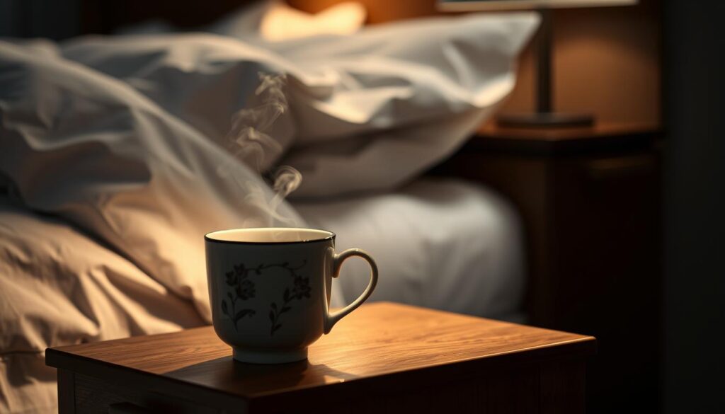 A cozy nighttime scene featuring a warm, steamy mug of herbal tea, resting on a wooden bedside table. The mug has a delicate floral design, steam gently rising from the surface. Soft, diffused light from a nearby lamp creates a calm, intimate atmosphere, casting a gentle glow on the scene. In the background, a plush, inviting bed with crisp, white bedding hints at the impending moment of relaxation and rest. The overall mood is one of tranquility and comfort, setting the stage for a restful night's sleep.