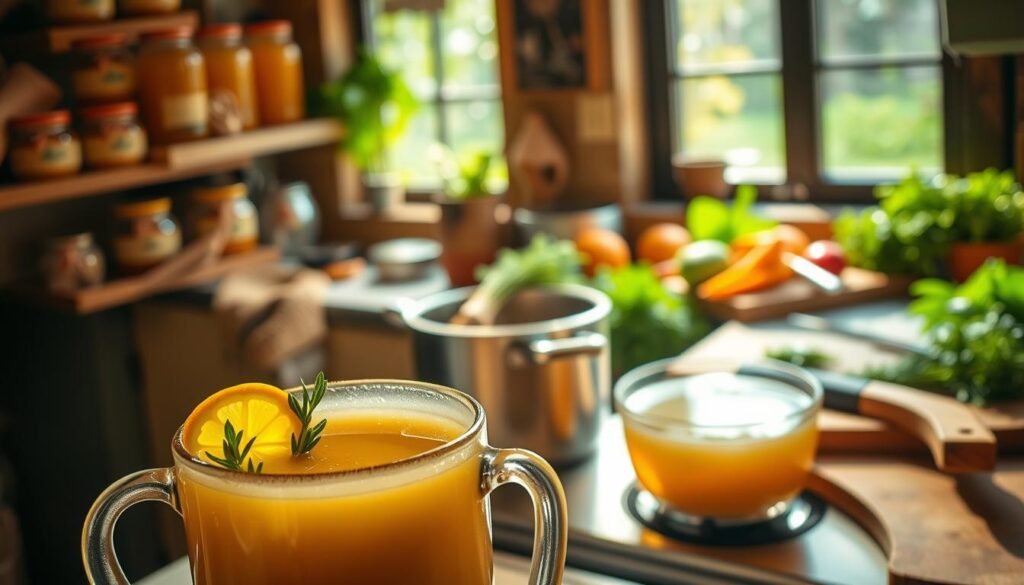 A cozy, rustic kitchen scene featuring various uses of bone broth. In the foreground, a steaming mug of bone broth with a slice of lemon and a sprig of fresh herbs. In the middle ground, a pot of simmering bone broth on the stovetop, with vegetables and herbs nearby. In the background, shelves lined with jars of homemade bone broth, a cutting board with fresh produce, and a window overlooking a lush, verdant garden. The lighting is warm and inviting, creating a soothing, comforting atmosphere. The overall scene conveys the versatility and nourishing qualities of bone broth, ready to be enjoyed in various ways throughout the day.