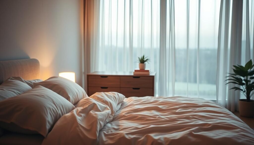 A cozy, serene bedroom scene bathed in warm, soft lighting. In the foreground, a comfortable bed with crisp, white linens and a plush, inviting duvet. On the nightstand, a minimalist reading lamp casts a gentle glow. In the middle ground, a sleek, modern dresser with a few thoughtfully placed decor items like a small potted plant and a stack of books. The background features a large, open window with wispy curtains, offering a glimpse of a tranquil, nature-inspired landscape outside. The overall atmosphere is one of relaxation, peace, and mindfulness - a sanctuary for restful, restorative sleep. A cozy, serene bedroom scene bathed in warm, soft lighting. In the foreground, a comfortable bed with crisp, white linens and a plush, inviting duvet. On the nightstand, a minimalist reading lamp casts a gentle glow. In the middle ground, a sleek, modern dresser with a few thoughtfully placed decor items like a small potted plant and a stack of books. The background features a large, open window with wispy curtains, offering a glimpse of a tranquil, nature-inspired landscape outside. The overall atmosphere is one of relaxation, peace, and mindfulness - a sanctuary for restful, restorative sleep.