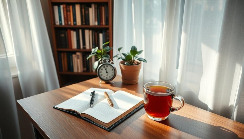 A cozy study nook with natural light filtering through sheer curtains. On a wooden desk, an open journal, a pen, and a cup of warm tea sit in thoughtful arrangement. In the middle ground, a potted plant and a metronome gently tick, rhythmic reminders of the habit taking shape. The background features a bookshelf filled with volumes, conveying a sense of knowledge and introspection. The overall atmosphere is one of quiet focus and mindful intention, inviting the viewer to establish their own daily journaling routine. A cozy study nook with natural light filtering through sheer curtains. On a wooden desk, an open journal, a pen, and a cup of warm tea sit in thoughtful arrangement. In the middle ground, a potted plant and a metronome gently tick, rhythmic reminders of the habit taking shape. The background features a bookshelf filled with volumes, conveying a sense of knowledge and introspection. The overall atmosphere is one of quiet focus and mindful intention, inviting the viewer to establish their own daily journaling routine.