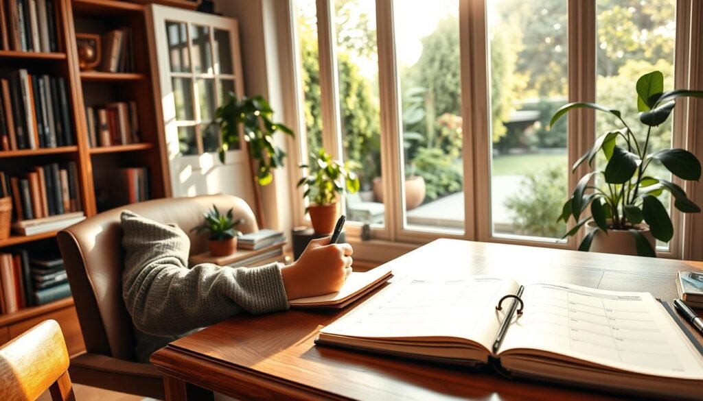 A cozy, sunlit home office. In the foreground, a person sits at a wooden desk, jotting down thoughts in a leather-bound journal. The mid-ground features bookshelves, a potted plant, and a planner open on the desk, highlighting a schedule and daily routines. The background showcases a large window overlooking a tranquil garden, bathed in warm, soft lighting. The scene evokes a sense of focus, productivity, and self-reflection, as the person engages in the practice of 'future self' journaling, rewiring their brain for positivity. A cozy, sunlit home office. In the foreground, a person sits at a wooden desk, jotting down thoughts in a leather-bound journal. The mid-ground features bookshelves, a potted plant, and a planner open on the desk, highlighting a schedule and daily routines. The background showcases a large window overlooking a tranquil garden, bathed in warm, soft lighting. The scene evokes a sense of focus, productivity, and self-reflection, as the person engages in the practice of 'future self' journaling, rewiring their brain for positivity.