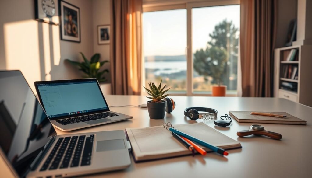 A cozy, well-lit home office setting with a variety of engaging activities arranged on a clean, minimalist desk. In the foreground, a laptop, a journal, and a set of colored pens invite contemplation and ideation. The middle ground features a small succulent plant, a pair of noise-cancelling headphones, and a fidget spinner, suggesting a balance of focus and mindfulness. The background showcases a large window overlooking a serene outdoor scene, providing a sense of connection to nature. The overall atmosphere is one of calm productivity and digital detox, with warm lighting and neutral tones creating a soothing ambiance.