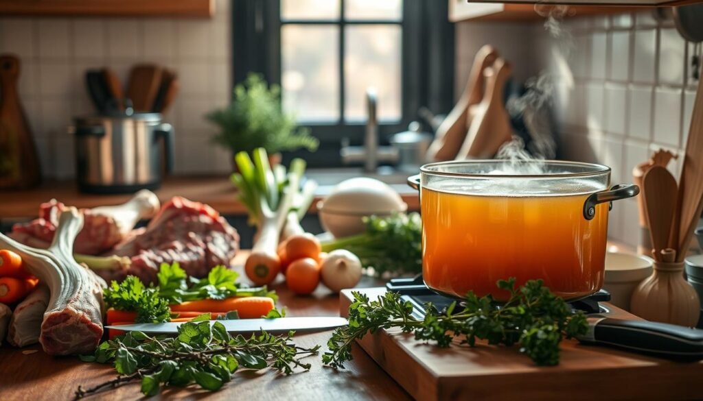 A cozy, well-lit kitchen scene depicting the process of making bone broth. In the foreground, a large stockpot simmers on the stove, filled with a rich, golden liquid. Surrounding the pot, an assortment of fresh ingredients are neatly arranged: beef bones, aromatic vegetables like carrots, celery, and onions, along with a bundle of fragrant herbs. The middle ground showcases a wooden cutting board with a chef's knife, suggesting the preparatory steps. In the background, a window lets in natural light, creating a warm, inviting atmosphere. The overall scene conveys a sense of warmth, comfort, and the care taken in crafting a nourishing, dietitian-approved bone broth.