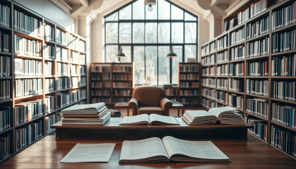 A cozy, well-lit library interior with rows of bookshelves lining the walls, a large wooden desk in the foreground holding stacks of research papers and open books, a comfortable armchair in the middle ground, and a large window in the background flooding the space with natural light. The scene conveys a sense of scholarly focus and scientific inquiry, with the research materials and cozy reading nook setting the stage for an in-depth exploration of the topic at hand.