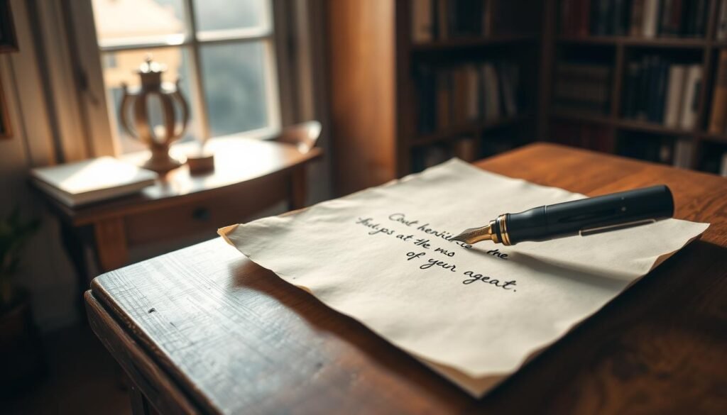 A cozy, well-lit study with a wooden desk and bookshelves in the background. On the desk, a gratitude letter is being hand-written with a fountain pen, the nib leaving intricate ink traces on the cream-colored parchment paper. Soft natural light filters through a nearby window, casting a warm glow on the scene. The study exudes a sense of contemplation and mindfulness, hinting at the transformative power of expressing gratitude. The overall atmosphere is serene, inviting the viewer to pause and reflect on the importance of cultivating thankfulness.