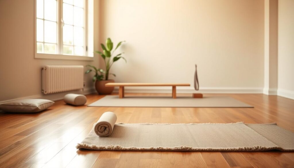 A cozy, well-lit yoga studio with warm, natural lighting filtering through large windows. In the foreground, a plush, neutral-toned yoga mat sits invitingly on the hardwood floor, surrounded by a minimal, Zen-inspired setup of a few essential props - a bolster, a block, and a strap. The middle ground features a simple, wooden bench and a potted plant, creating a grounding, earthy ambiance. In the background, a soothing, neutral-toned wall sets the scene, evoking a sense of tranquility and focus. The overall atmosphere is one of intention, calm, and a space thoughtfully curated for a peaceful, mindful practice. A cozy, well-lit yoga studio with warm, natural lighting filtering through large windows. In the foreground, a plush, neutral-toned yoga mat sits invitingly on the hardwood floor, surrounded by a minimal, Zen-inspired setup of a few essential props - a bolster, a block, and a strap. The middle ground features a simple, wooden bench and a potted plant, creating a grounding, earthy ambiance. In the background, a soothing, neutral-toned wall sets the scene, evoking a sense of tranquility and focus. The overall atmosphere is one of intention, calm, and a space thoughtfully curated for a peaceful, mindful practice.
