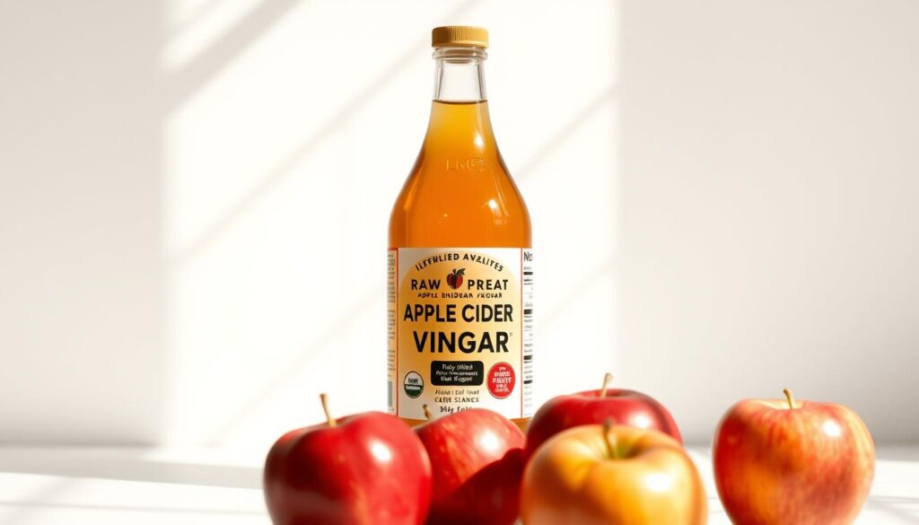 A crisp, clear bottle of raw, unfiltered apple cider vinegar set against a clean, minimalist background. The liquid gently swirls, its amber hue glowing warmly under natural lighting that casts soft shadows. In the foreground, a few ripe, red apples are artfully arranged, hinting at the natural source of this versatile health tonic. The overall composition conveys a sense of purity, simplicity, and the potential benefits of incorporating apple cider vinegar into one's wellness routine for weight management, improved digestion, and cardiovascular support.