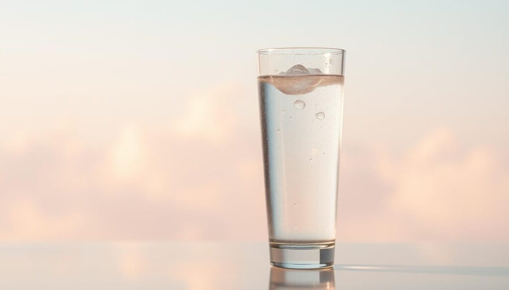 A crystal clear glass of refreshing water, glistening with condensation, set against a soft, airy background. The glass is positioned in the foreground, capturing the liquid's inviting transparency and the way it reflects the light. The middle ground features a subtle, calming gradient, allowing the water to take center stage. In the background, gentle, wispy clouds suggest a peaceful, natural ambiance, emphasizing the hydrating, restorative power of the water. Warm, diffused lighting illuminates the scene, creating a serene, soothing atmosphere that evokes feelings of rejuvenation and vitality. A crystal clear glass of refreshing water, glistening with condensation, set against a soft, airy background. The glass is positioned in the foreground, capturing the liquid's inviting transparency and the way it reflects the light. The middle ground features a subtle, calming gradient, allowing the water to take center stage. In the background, gentle, wispy clouds suggest a peaceful, natural ambiance, emphasizing the hydrating, restorative power of the water. Warm, diffused lighting illuminates the scene, creating a serene, soothing atmosphere that evokes feelings of rejuvenation and vitality.