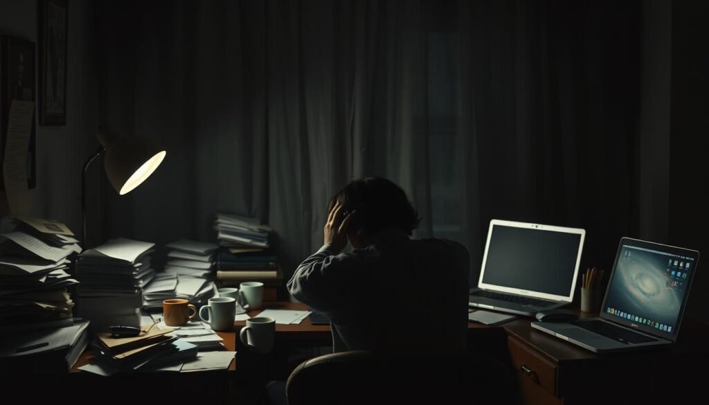 A dark and cluttered home office, dimly lit by a single desk lamp. Overflowing paperwork, empty coffee mugs, and a laptop with its screen glaring back, symbolizing the hidden costs of burnout - diminished health, plummeting productivity, and strained relationships. The figure of a person, hunched over, head in hands, conveying the mental and physical exhaustion. Shadows creep in from the edges, creating a somber, oppressive atmosphere. An oil painting aesthetic, with muted colors and a slightly hazy, textured finish, underscoring the weighty, melancholic tone. A dark and cluttered home office, dimly lit by a single desk lamp. Overflowing paperwork, empty coffee mugs, and a laptop with its screen glaring back, symbolizing the hidden costs of burnout - diminished health, plummeting productivity, and strained relationships. The figure of a person, hunched over, head in hands, conveying the mental and physical exhaustion. Shadows creep in from the edges, creating a somber, oppressive atmosphere. An oil painting aesthetic, with muted colors and a slightly hazy, textured finish, underscoring the weighty, melancholic tone.