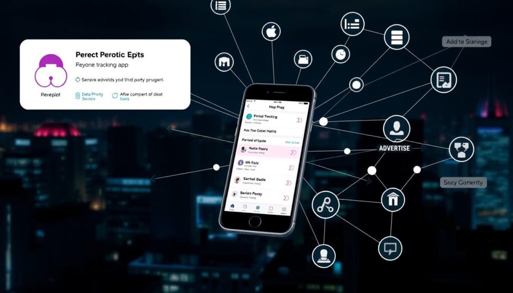 A data network diagram depicting the flow of personal information from a period tracking app to multiple third-party services. In the foreground, a smartphone screen shows a period tracking app interface, with data points representing sensitive health details. Emanating from the smartphone, a web of interconnected nodes and arrows illustrates the dissemination of this data to data brokers, advertisers, and other commercial entities. The background features a dimly lit cityscape, symbolizing the opaque nature of these data transactions. The overall scene conveys a sense of digital privacy invasion, with the intricate data flow network highlighting the complex web of third-party involvement in the user's personal information.