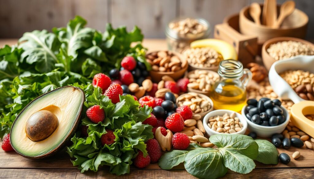 A delectable array of hormone-balancing foods, captured in a soft, natural light. In the foreground, a vibrant assortment of leafy greens, avocados, and berries, arranged elegantly on a wooden surface. The middle ground showcases a selection of nuts, seeds, and olive oil, symbolizing the nourishing fats essential for hormonal health. In the background, a subtle blend of whole grains and legumes, complementing the overall composition. The scene exudes a calming, earthy atmosphere, inviting the viewer to savor the bountiful ingredients that support hormonal balance. A 50mm lens captures the scene with a shallow depth of field, focusing the attention on the delicious, wholesome offerings.