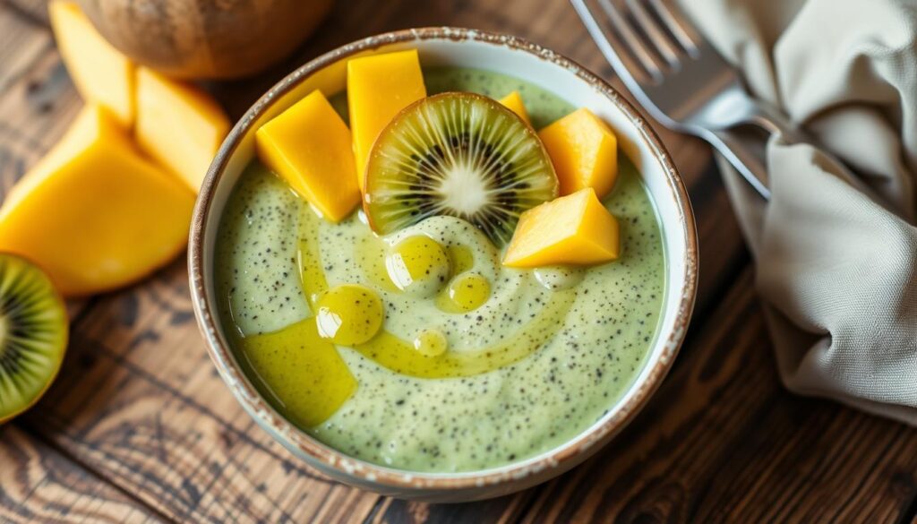 A delightful breakfast treat, a bowl of creamy chia pudding nestled on a rustic wooden table. The pudding is a vibrant green hue, infused with the earthy goodness of moringa powder. Vibrant slices of fresh kiwi and mango add a pop of color, complementing the pudding's natural sweetness. Drizzled with a touch of honey, the pudding glistens under the warm, soft lighting. The scene exudes a sense of nourishment and wellness, perfectly capturing the "Creative Way Three: Breakfast Upgrades with a Green Twist" theme. A delightful breakfast treat, a bowl of creamy chia pudding nestled on a rustic wooden table. The pudding is a vibrant green hue, infused with the earthy goodness of moringa powder. Vibrant slices of fresh kiwi and mango add a pop of color, complementing the pudding's natural sweetness. Drizzled with a touch of honey, the pudding glistens under the warm, soft lighting. The scene exudes a sense of nourishment and wellness, perfectly capturing the "Creative Way Three: Breakfast Upgrades with a Green Twist" theme.