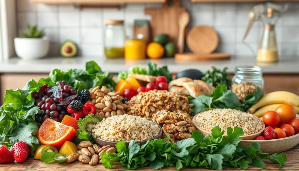 A delightful spread of nutrient-dense foods that provide sustained energy, captured in a natural, rustic setting. In the foreground, a vibrant array of fresh produce - leafy greens, berries, citrus fruits, and crunchy nuts - artfully arranged on a wooden table. The middle ground features hearty whole grains like quinoa and bulgur, accompanied by lean protein sources such as grilled chicken or tofu. In the background, a softly lit kitchen counter showcases jars of healthy fats like avocado and olive oil, alongside soothing herbal teas. The overall scene conveys a sense of balance, vitality, and wholesome nourishment. A delightful spread of nutrient-dense foods that provide sustained energy, captured in a natural, rustic setting. In the foreground, a vibrant array of fresh produce - leafy greens, berries, citrus fruits, and crunchy nuts - artfully arranged on a wooden table. The middle ground features hearty whole grains like quinoa and bulgur, accompanied by lean protein sources such as grilled chicken or tofu. In the background, a softly lit kitchen counter showcases jars of healthy fats like avocado and olive oil, alongside soothing herbal teas. The overall scene conveys a sense of balance, vitality, and wholesome nourishment.