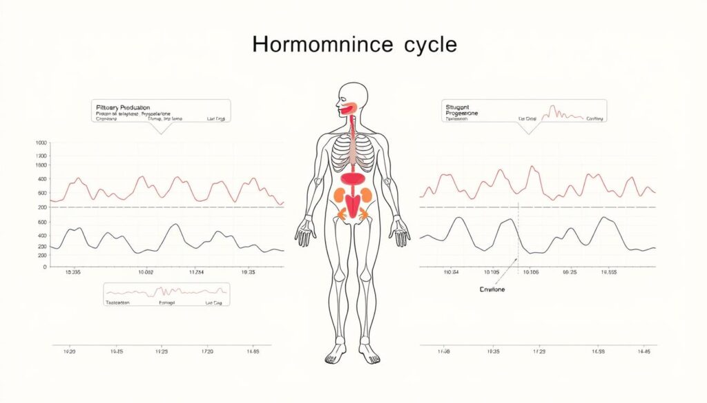 A detailed anatomical diagram depicting the natural hormonal cycle, set against a clean, clinical background. The central image shows a stylized human figure with key endocrine glands highlighted, such as the pituitary, thyroid, and ovaries/testes. Surrounding this are line graphs and charts illustrating fluctuations in estrogen, progesterone, testosterone, and other relevant hormones over time. The overall aesthetic is one of scientific precision and educational clarity, with a muted color palette and subtle lighting to convey a sense of physiological balance and harmony. A detailed anatomical diagram depicting the natural hormonal cycle, set against a clean, clinical background. The central image shows a stylized human figure with key endocrine glands highlighted, such as the pituitary, thyroid, and ovaries/testes. Surrounding this are line graphs and charts illustrating fluctuations in estrogen, progesterone, testosterone, and other relevant hormones over time. The overall aesthetic is one of scientific precision and educational clarity, with a muted color palette and subtle lighting to convey a sense of physiological balance and harmony.