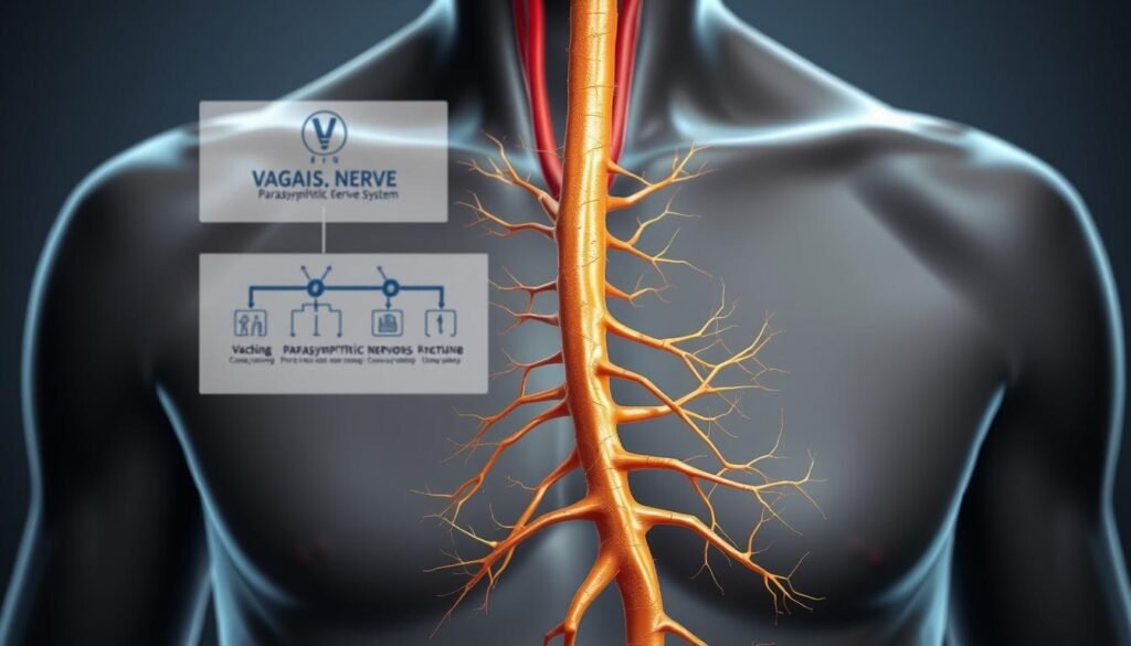 A detailed anatomical illustration of the vagus nerve, depicted in a realistic, scientific style. The nerve is shown prominently in the foreground, its intricate pathways and connections rendered with precision and clarity. The mid-ground features a schematic representation of the parasympathetic nervous system, highlighting the vagus nerve's central role in regulating bodily functions. The background softly depicts the human torso, providing anatomical context. The lighting is soft and directional, creating depth and emphasizing the nerve's three-dimensional structure. The overall tone is one of informative clarity, inviting the viewer to better understand this vital component of the body's regulatory network.