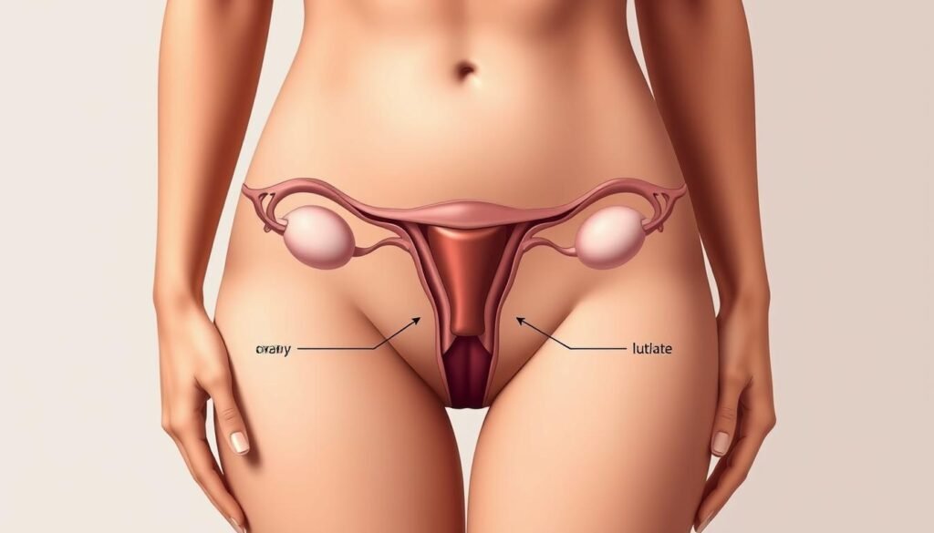 A detailed anatomical illustration showcasing the phases of the menstrual cycle. Centered on a woman's lower abdomen, the image depicts the ovaries and uterus, clearly showing the progression from the follicular phase, through ovulation, and into the luteal phase. Rendered in a scientific, clinical style with muted colors and high contrast, the illustration emphasizes the biological processes involved. Subtle lighting from the side creates depth and dimension, while a clean, minimal background allows the subject to be the sole focus. The overall tone is educational and informative, conveying a sense of understanding the intricate workings of the female reproductive system.