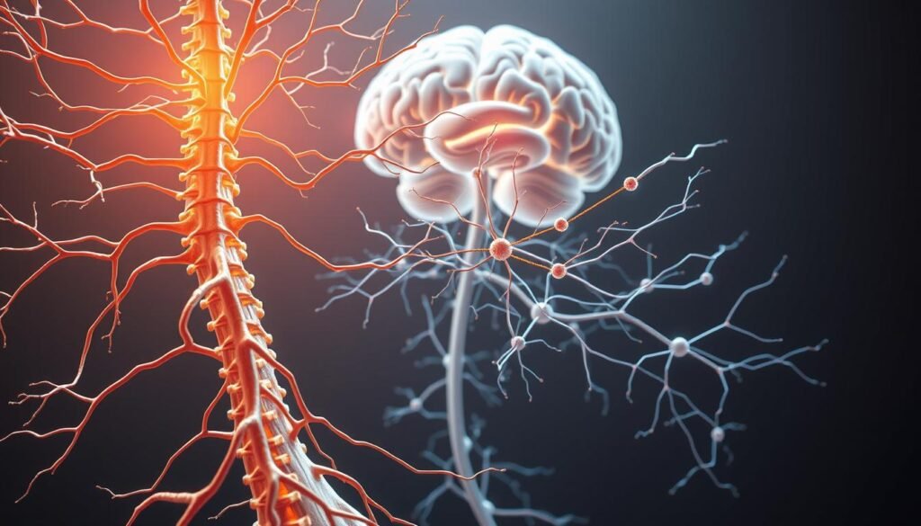 A detailed, anatomically accurate illustration of a breathing nervous system. The foreground depicts the spinal cord and major nerve pathways, pulsing with dynamic energy. The middle ground showcases the intricate network of neurons, synapses, and glial cells, capturing the rhythmic flow of neural impulses. In the background, the brain emerges as the command center, its complex structures illuminated by a soft, calming glow. The lighting is natural and diffused, creating depth and dimensionality. The overall mood is one of balance and harmony, reflecting the restorative effects of Pilates on the nervous system. A detailed, anatomically accurate illustration of a breathing nervous system. The foreground depicts the spinal cord and major nerve pathways, pulsing with dynamic energy. The middle ground showcases the intricate network of neurons, synapses, and glial cells, capturing the rhythmic flow of neural impulses. In the background, the brain emerges as the command center, its complex structures illuminated by a soft, calming glow. The lighting is natural and diffused, creating depth and dimensionality. The overall mood is one of balance and harmony, reflecting the restorative effects of Pilates on the nervous system.