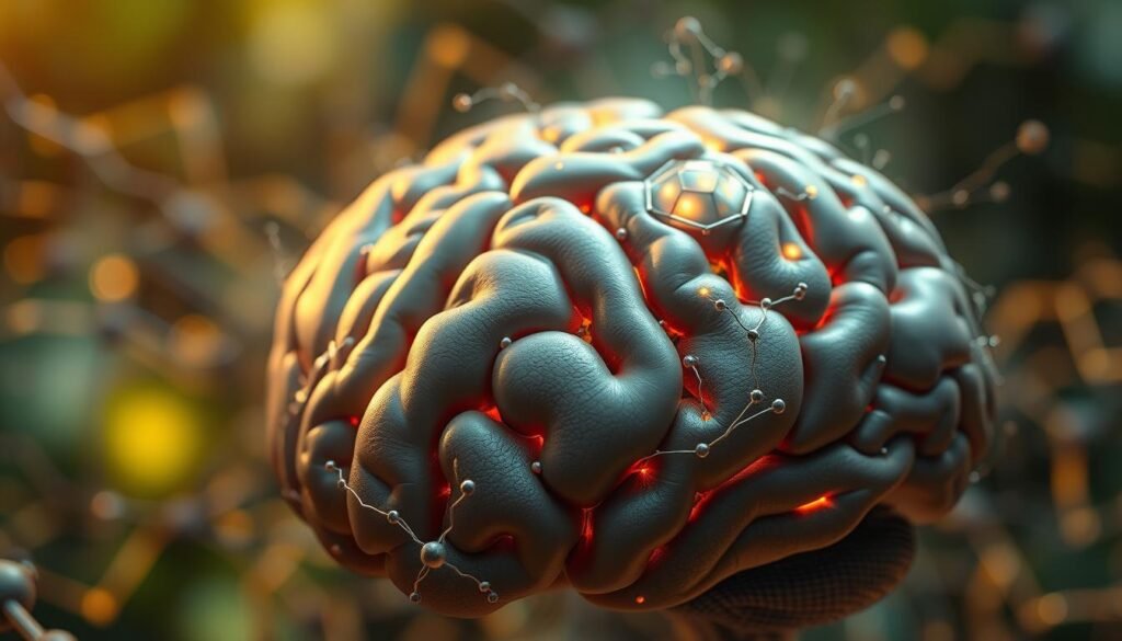 A detailed and intricate illustration of cognitive function, showcasing the interconnected neural networks and information processing pathways of the human brain. The foreground depicts a captivating 3D model of the cerebral cortex, with distinct lobes and regions pulsing with dynamic energy. The middle ground features a maze-like structure of neurons, dendrites, and synapses, illustrating the complex web of neural connections that enable memory, attention, and executive function. In the background, a soft, ethereal glow emanates from the brain, creating a sense of depth and mystique. The overall scene is illuminated by a warm, natural light, casting subtle shadows and highlights that accentuate the anatomical details. The mood is one of scientific curiosity and the wonder of the human mind. A detailed and intricate illustration of cognitive function, showcasing the interconnected neural networks and information processing pathways of the human brain. The foreground depicts a captivating 3D model of the cerebral cortex, with distinct lobes and regions pulsing with dynamic energy. The middle ground features a maze-like structure of neurons, dendrites, and synapses, illustrating the complex web of neural connections that enable memory, attention, and executive function. In the background, a soft, ethereal glow emanates from the brain, creating a sense of depth and mystique. The overall scene is illuminated by a warm, natural light, casting subtle shadows and highlights that accentuate the anatomical details. The mood is one of scientific curiosity and the wonder of the human mind.