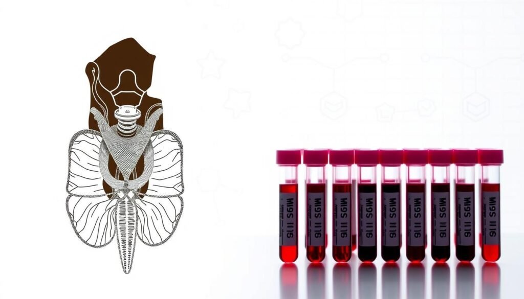 A detailed and precisely composed medical illustration depicting a thyroid panel. In the foreground, a detailed and anatomically accurate diagram of the thyroid gland, highlighted against a clean, clinical backdrop. The gland is presented from multiple angles, showcasing its intricate structure and relationship to surrounding tissues. In the middle ground, a series of test tubes and vials containing blood samples, arranged in a neat grid formation. The lighting is soft and even, creating a sense of professionalism and attention to detail. In the background, a subtle grid pattern or medical iconography provides context, without distracting from the primary focal points. The overall tone is one of scientific accuracy, medical authority, and educational clarity, befitting the subject matter and the article's focus on hormone testing for women in their 30s. A detailed and precisely composed medical illustration depicting a thyroid panel. In the foreground, a detailed and anatomically accurate diagram of the thyroid gland, highlighted against a clean, clinical backdrop. The gland is presented from multiple angles, showcasing its intricate structure and relationship to surrounding tissues. In the middle ground, a series of test tubes and vials containing blood samples, arranged in a neat grid formation. The lighting is soft and even, creating a sense of professionalism and attention to detail. In the background, a subtle grid pattern or medical iconography provides context, without distracting from the primary focal points. The overall tone is one of scientific accuracy, medical authority, and educational clarity, befitting the subject matter and the article's focus on hormone testing for women in their 30s.