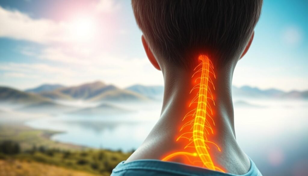 A detailed and tranquil scene depicting the vagus nerve reset. In the foreground, a person's head and neck, with a glowing, pulsating vagus nerve pathway visible along the side of the neck, bathed in a warm, amber light. In the middle ground, a serene landscape with rolling hills, a calm lake, and a clear blue sky. The background features a soft, ethereal quality, with a diffused, hazy light radiating a sense of peace and relaxation. The composition emphasizes the interconnectedness of the mind, body, and environment, conveying the calming effects of a vagus nerve reset. Captured with a wide-angle lens, the image evokes a sense of grounded presence and inner tranquility.