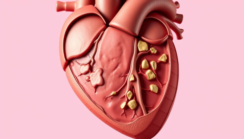 A detailed cross-section of a human heart, revealing its inner chambers and the intricate network of blood vessels. The heart's main arteries are highlighted, showing the buildup of cholesterol plaque that constricts blood flow and increases the risk of heart disease. The image has a technical, medical illustration style, with a muted color palette and precise anatomical details. The lighting is soft and directional, casting subtle shadows that emphasize the three-dimensional structure. The camera angle provides a clear, unobstructed view of the heart, allowing the viewer to understand the impact of high cholesterol levels on cardiovascular health.