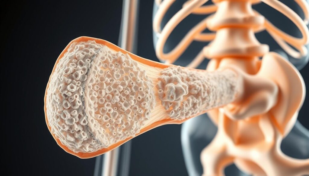 A detailed cross-section of healthy and osteoporotic human bone, showcasing the structural differences. In the foreground, a high-resolution microscopic view of the porous, weakened structure of osteoporotic bone, contrasted with the dense, robust architecture of normal bone in the middle ground. The background depicts a translucent 3D render of the entire skeletal system, highlighting the areas affected by osteoporosis. Rendered in a clinical, scientific style with muted tones, strong lighting from the side to accentuate the texture and depth, and a shallow depth of field to focus the viewer's attention. A detailed cross-section of healthy and osteoporotic human bone, showcasing the structural differences. In the foreground, a high-resolution microscopic view of the porous, weakened structure of osteoporotic bone, contrasted with the dense, robust architecture of normal bone in the middle ground. The background depicts a translucent 3D render of the entire skeletal system, highlighting the areas affected by osteoporosis. Rendered in a clinical, scientific style with muted tones, strong lighting from the side to accentuate the texture and depth, and a shallow depth of field to focus the viewer's attention.