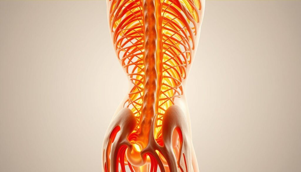 A detailed cross-section of the human body's fascia, the intricate web of connective tissue that permeates and supports every muscle, bone, and organ. Rendered in a clinical, anatomical style with crisp, high-resolution details. Illuminated by warm, diffused lighting that accentuates the layered structure and fluid textures of the fascia, revealing its dynamic, elastic nature. Positioned at a slightly elevated angle to provide a comprehensive view, capturing the interconnected fascial planes as they extend throughout the body. The background is a clean, neutral palette, allowing the fascia to be the focal point, conveying a sense of scientific exploration and understanding of this vital, yet often overlooked, physiological system. A detailed cross-section of the human body's fascia, the intricate web of connective tissue that permeates and supports every muscle, bone, and organ. Rendered in a clinical, anatomical style with crisp, high-resolution details. Illuminated by warm, diffused lighting that accentuates the layered structure and fluid textures of the fascia, revealing its dynamic, elastic nature. Positioned at a slightly elevated angle to provide a comprehensive view, capturing the interconnected fascial planes as they extend throughout the body. The background is a clean, neutral palette, allowing the fascia to be the focal point, conveying a sense of scientific exploration and understanding of this vital, yet often overlooked, physiological system.