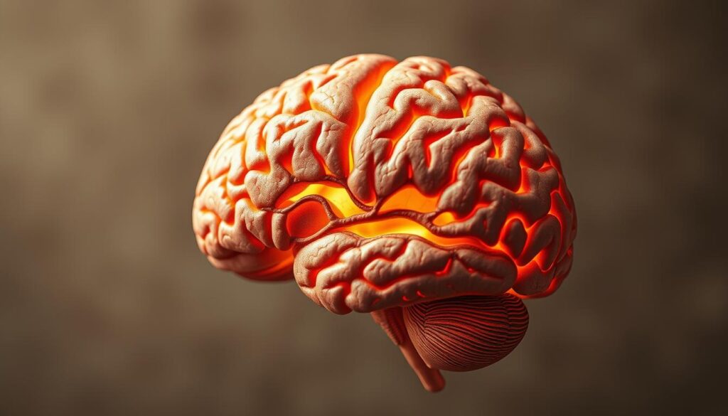 A detailed cross-section of the human brain, rendered in a naturalistic, scientifically-accurate style. The brain is depicted in a warm, earthy color palette, glowing with an inner radiance. The image focuses on the intricate neural pathways, synapses, and structures, such as the cerebrum, cerebellum, and brainstem, conveying a sense of the brain's complexity and the dynamic activity taking place within. The lighting is soft and diffuse, creating a serene, contemplative mood. The composition places the brain in the foreground, with a blurred, neutral background to emphasize the subject. The overall effect is one of wonder and appreciation for the remarkable organ that controls our sleep, cognition, and every aspect of our being.