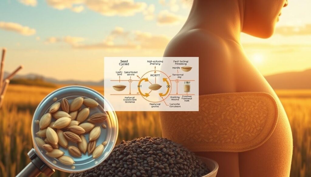 A detailed cross-section view of various seed cycling mechanisms, showcasing the intricate processes that may support hormone balance. The foreground displays a magnified view of seeds being processed, with various stages of preparation and extraction highlighted. The middle ground features a diagram-like illustration of the hormonal pathways influenced by seed cycling. The background depicts a serene, natural environment with a warm, earthy color palette, emphasizing the organic nature of the techniques. Rendered in a highly realistic, scientific illustration style with precise technical details, crisp lighting, and a focus on clarity and educational value. A detailed cross-section view of various seed cycling mechanisms, showcasing the intricate processes that may support hormone balance. The foreground displays a magnified view of seeds being processed, with various stages of preparation and extraction highlighted. The middle ground features a diagram-like illustration of the hormonal pathways influenced by seed cycling. The background depicts a serene, natural environment with a warm, earthy color palette, emphasizing the organic nature of the techniques. Rendered in a highly realistic, scientific illustration style with precise technical details, crisp lighting, and a focus on clarity and educational value.
