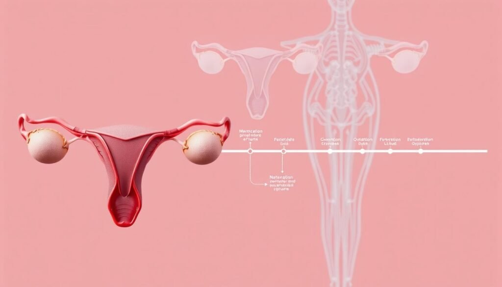 A detailed, cross-sectional illustration of the female menstrual cycle, showcasing the key hormonal and physiological changes throughout its phases. In the foreground, meticulously rendered ovaries and uterus, depicting the follicular and luteal stages. The middle ground features a simplified, labeled diagram of the cycle's timeline, with clear markings for menstruation, ovulation, and hormonal fluctuations. In the background, a subtly rendered, anatomical wireframe of the female reproductive system, providing context and depth. The overall mood is one of scientific accuracy and educational clarity, with a clean, minimalist aesthetic and neutral lighting to highlight the informative nature of the image.