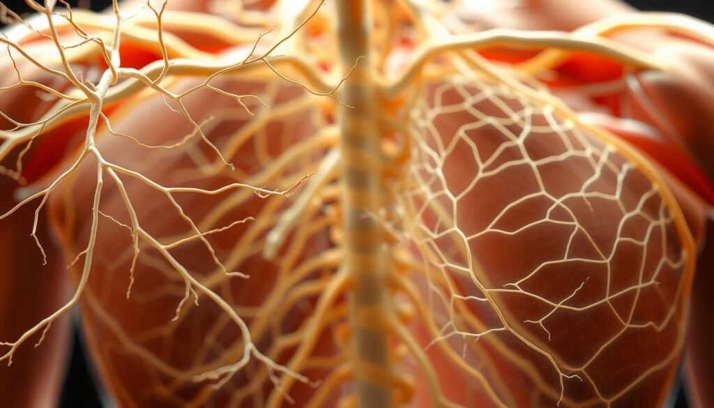 A detailed, cross-sectional view of the human nervous system and its intricate interaction with the fascia network. The foreground showcases the delicate nerve fibers, branching and intertwining with the surrounding connective tissue. In the middle ground, the fascia appears as a semi-transparent web, subtly pulsing and responding to the neural signals. The background reveals the underlying muscle structure, suggesting the dynamic relationship between the three elements. The lighting is soft and diffused, creating a sense of depth and emphasizing the translucent, ethereal quality of the fascia. The overall composition conveys the complexity and interdependence of the nervous system and the fascia, hinting at the profound impact they have on our physical and emotional well-being. A detailed, cross-sectional view of the human nervous system and its intricate interaction with the fascia network. The foreground showcases the delicate nerve fibers, branching and intertwining with the surrounding connective tissue. In the middle ground, the fascia appears as a semi-transparent web, subtly pulsing and responding to the neural signals. The background reveals the underlying muscle structure, suggesting the dynamic relationship between the three elements. The lighting is soft and diffused, creating a sense of depth and emphasizing the translucent, ethereal quality of the fascia. The overall composition conveys the complexity and interdependence of the nervous system and the fascia, hinting at the profound impact they have on our physical and emotional well-being.