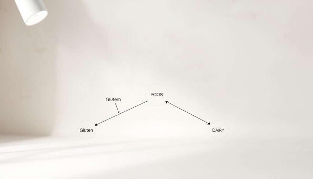 A detailed decision framework for managing PCOS through dietary choices. In the foreground, a clean, minimalist diagram with interconnected nodes representing the key dietary factors - gluten, dairy, and soy. The nodes are color-coded and have clear icons to depict their impact on PCOS symptoms. In the middle ground, a serene, muted background with soft, pastel-hued textures, conveying a sense of balance and wellness. Subtle lighting from the top left casts gentle shadows, emphasizing the three-dimensional aspects of the framework. The overall composition is sleek, modern, and easy to comprehend, guiding the viewer through the practical application of this PCOS dietary decision-making process.