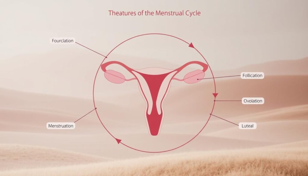 A detailed diagram depicting the phases of the menstrual cycle. In the foreground, a central illustration showcases the cyclical changes in the uterine lining, ovulation, and hormone levels. The middle ground includes labeled callouts highlighting the four main stages: menstruation, follicular, ovulation, and luteal. The background features a soft, ethereal landscape with muted hues, evoking a sense of natural harmony. The lighting is soft and diffused, creating a calming, educational atmosphere. The overall composition is clean, elegant, and optimized for clear communication of the menstrual cycle fundamentals. A detailed diagram depicting the phases of the menstrual cycle. In the foreground, a central illustration showcases the cyclical changes in the uterine lining, ovulation, and hormone levels. The middle ground includes labeled callouts highlighting the four main stages: menstruation, follicular, ovulation, and luteal. The background features a soft, ethereal landscape with muted hues, evoking a sense of natural harmony. The lighting is soft and diffused, creating a calming, educational atmosphere. The overall composition is clean, elegant, and optimized for clear communication of the menstrual cycle fundamentals.
