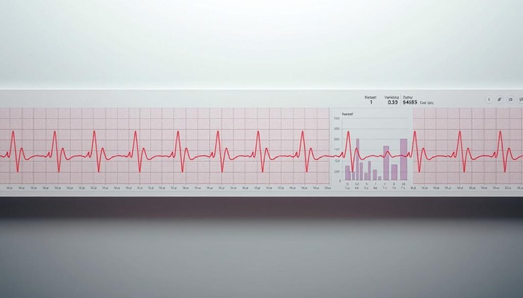 A detailed electrocardiogram display showing the fluctuating heart rate over time. The foreground features a crisp visualization of the heart rate variability, with the rhythmic peaks and valleys clearly depicted. The middle ground showcases a clean, minimalist interface with vital statistics and analysis tools. In the background, a soft, muted color palette creates a soothing, focused atmosphere conducive to wellness and self-optimization. Subtle lighting casts a gentle glow, enhancing the clarity and depth of the data visualization. The overall impression is one of insightful, actionable biometrics to guide improved sleep and wellbeing. A detailed electrocardiogram display showing the fluctuating heart rate over time. The foreground features a crisp visualization of the heart rate variability, with the rhythmic peaks and valleys clearly depicted. The middle ground showcases a clean, minimalist interface with vital statistics and analysis tools. In the background, a soft, muted color palette creates a soothing, focused atmosphere conducive to wellness and self-optimization. Subtle lighting casts a gentle glow, enhancing the clarity and depth of the data visualization. The overall impression is one of insightful, actionable biometrics to guide improved sleep and wellbeing.