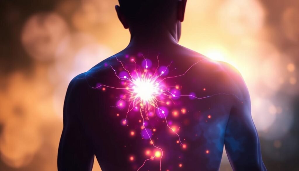 A detailed, ethereal portrait of the human biofield. Glowing energy currents radiate from the figure's core, pulsing with vibrant hues of blue, violet, and gold. The subject is backlit, their form obscured by a hazy, luminous aura that extends beyond the frame. Soft, diffused lighting casts a warm, transcendent glow, evoking a sense of unseen, mystical forces. Subtle yet powerful, the image explores the enigmatic nature of the human energy field and its role in holistic well-being. A detailed, ethereal portrait of the human biofield. Glowing energy currents radiate from the figure's core, pulsing with vibrant hues of blue, violet, and gold. The subject is backlit, their form obscured by a hazy, luminous aura that extends beyond the frame. Soft, diffused lighting casts a warm, transcendent glow, evoking a sense of unseen, mystical forces. Subtle yet powerful, the image explores the enigmatic nature of the human energy field and its role in holistic well-being.