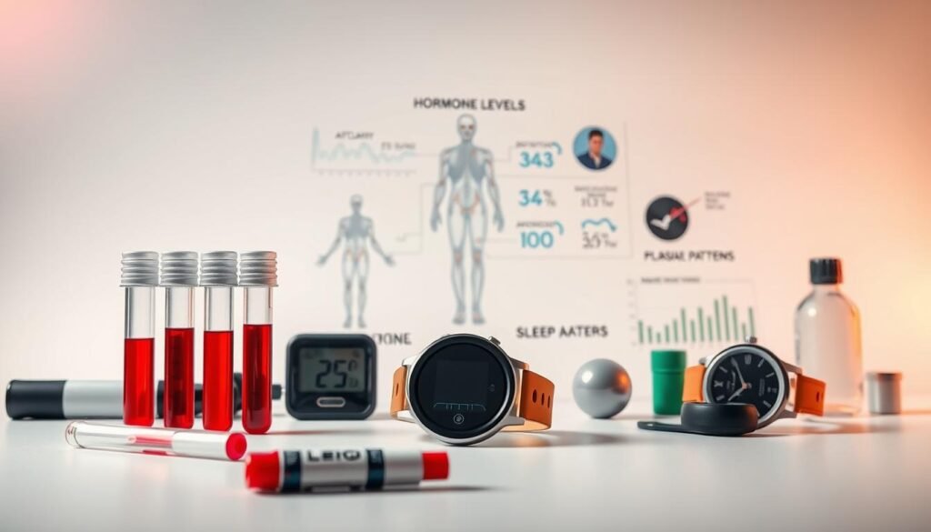 A detailed, high-resolution image of various biomarkers and objective health indicators arranged on a clean, minimalist background. In the foreground, blood test tubes, a glucometer, a smartwatch, and other medical devices are displayed prominently. The middle ground features anatomical diagrams and infographic elements illustrating hormone levels, sleep patterns, and other key biometrics. The background has a subtle, soft-focus gradient that creates a clinical, professional atmosphere. Warm, directional lighting from the top left casts subtle shadows and highlights the subject matter. The overall composition is balanced, with a focus on the key biomarkers and their role in measuring and optimizing athletic performance and overall wellbeing. A detailed, high-resolution image of various biomarkers and objective health indicators arranged on a clean, minimalist background. In the foreground, blood test tubes, a glucometer, a smartwatch, and other medical devices are displayed prominently. The middle ground features anatomical diagrams and infographic elements illustrating hormone levels, sleep patterns, and other key biometrics. The background has a subtle, soft-focus gradient that creates a clinical, professional atmosphere. Warm, directional lighting from the top left casts subtle shadows and highlights the subject matter. The overall composition is balanced, with a focus on the key biomarkers and their role in measuring and optimizing athletic performance and overall wellbeing.