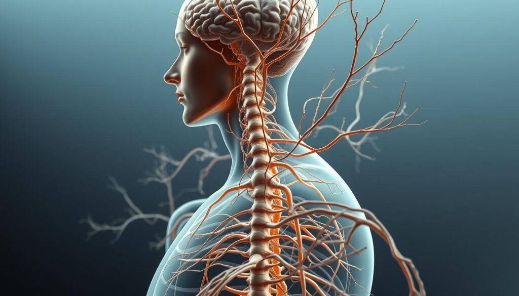 A detailed, highly-detailed anatomical illustration of the human nervous system, including the spinal cord, brain, and intricate network of nerves branching throughout the body. The image should have a sleek, scientific, and technical aesthetic, with a focus on the complexity and interconnectedness of the nervous system. Rendered in a clean, minimalist style with neutral tones and subtle highlights to emphasize the structure and form. Lit from above with a soft, directional light to create depth and dimensionality. Captured from an angle that showcases the three-dimensional nature of the nervous system, with a sense of depth and scale. The overall mood should be one of precision, clarity, and a deeper understanding of the inner workings of the human body. A detailed, highly-detailed anatomical illustration of the human nervous system, including the spinal cord, brain, and intricate network of nerves branching throughout the body. The image should have a sleek, scientific, and technical aesthetic, with a focus on the complexity and interconnectedness of the nervous system. Rendered in a clean, minimalist style with neutral tones and subtle highlights to emphasize the structure and form. Lit from above with a soft, directional light to create depth and dimensionality. Captured from an angle that showcases the three-dimensional nature of the nervous system, with a sense of depth and scale. The overall mood should be one of precision, clarity, and a deeper understanding of the inner workings of the human body.