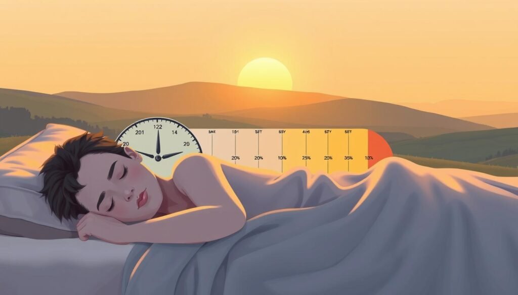 A detailed illustration of a chronotype, representing the distinct sleep-wake cycles of an individual. In the foreground, a figure sleeps peacefully, their body language indicating a natural rhythm. The middle ground depicts a 24-hour clock, with highlighted sections denoting the individual's peak energy and alertness levels throughout the day. In the background, a serene landscape with a rising sun symbolizes the circadian cycle. Soft, warm lighting casts a calming glow, highlighting the harmonious relationship between the chronotype and the natural world. Rendered in a photorealistic style, the image conveys a sense of balance and personalization, reflecting the unique sleep patterns of the human subject. A detailed illustration of a chronotype, representing the distinct sleep-wake cycles of an individual. In the foreground, a figure sleeps peacefully, their body language indicating a natural rhythm. The middle ground depicts a 24-hour clock, with highlighted sections denoting the individual's peak energy and alertness levels throughout the day. In the background, a serene landscape with a rising sun symbolizes the circadian cycle. Soft, warm lighting casts a calming glow, highlighting the harmonious relationship between the chronotype and the natural world. Rendered in a photorealistic style, the image conveys a sense of balance and personalization, reflecting the unique sleep patterns of the human subject.