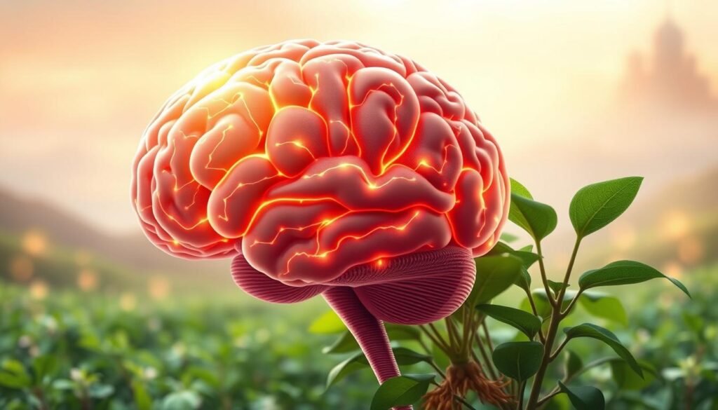 A detailed illustration of the brain showcasing the beneficial effects of Ashwagandha. In the foreground, a serene, glowing brain with vibrant neural pathways, symbolizing improved cognitive function and stress resilience. The middle ground depicts lush, verdant Ashwagandha plants, their roots and leaves representing the connection between the herb and brain health. In the background, a tranquil, ethereal landscape with soft lighting, conveying a sense of calm and mental clarity. The overall composition should evoke a harmonious, restorative atmosphere, highlighting Ashwagandha's profound impact on the brain's stress response and cognitive capabilities. A detailed illustration of the brain showcasing the beneficial effects of Ashwagandha. In the foreground, a serene, glowing brain with vibrant neural pathways, symbolizing improved cognitive function and stress resilience. The middle ground depicts lush, verdant Ashwagandha plants, their roots and leaves representing the connection between the herb and brain health. In the background, a tranquil, ethereal landscape with soft lighting, conveying a sense of calm and mental clarity. The overall composition should evoke a harmonious, restorative atmosphere, highlighting Ashwagandha's profound impact on the brain's stress response and cognitive capabilities.