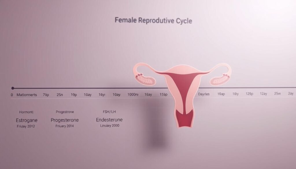 A detailed illustration of the female reproductive cycle, showcasing the timing of hormonal fluctuations throughout the menstrual period. A clean, scientific diagram rendered in a soft, muted color palette, with a focus on simplicity and clarity. The foreground depicts the key hormones (estrogen, progesterone, FSH, LH) charted against the cycle days. The middle ground shows a stylized uterus with the endometrial lining changes. The background features a subtle grid or timeline to provide context. Lighting is soft and diffused, with a slight depth of field to emphasize the essential details. The overall mood is informative, educational, and visually appealing for a medical audience. A detailed illustration of the female reproductive cycle, showcasing the timing of hormonal fluctuations throughout the menstrual period. A clean, scientific diagram rendered in a soft, muted color palette, with a focus on simplicity and clarity. The foreground depicts the key hormones (estrogen, progesterone, FSH, LH) charted against the cycle days. The middle ground shows a stylized uterus with the endometrial lining changes. The background features a subtle grid or timeline to provide context. Lighting is soft and diffused, with a slight depth of field to emphasize the essential details. The overall mood is informative, educational, and visually appealing for a medical audience.