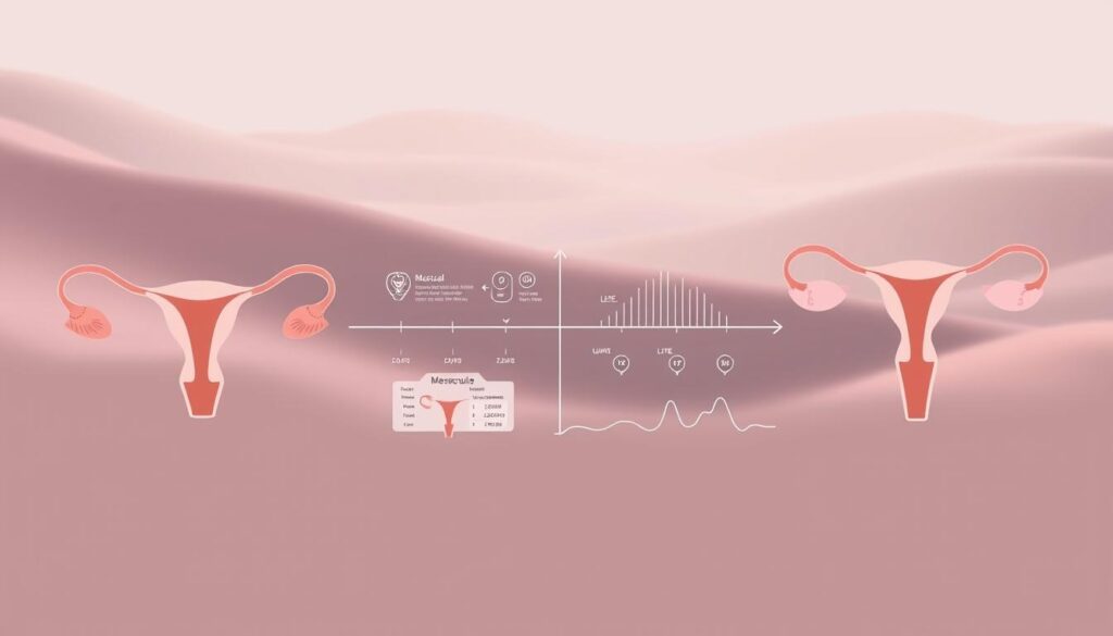 A detailed illustration of the four distinct phases of the menstrual cycle - menstrual, follicular, ovulatory, and luteal. Rendered in a clean, minimalist style with a neutral color palette. The foreground depicts stylized anatomical diagrams of the uterus and ovaries, with subtle transitions between the phases. The middle ground shows graphical timelines and charts visualizing the hormonal fluctuations. The background features a serene, abstract landscape with soft lighting and a calming atmosphere, creating a sense of balance and harmony. A detailed illustration of the four distinct phases of the menstrual cycle - menstrual, follicular, ovulatory, and luteal. Rendered in a clean, minimalist style with a neutral color palette. The foreground depicts stylized anatomical diagrams of the uterus and ovaries, with subtle transitions between the phases. The middle ground shows graphical timelines and charts visualizing the hormonal fluctuations. The background features a serene, abstract landscape with soft lighting and a calming atmosphere, creating a sense of balance and harmony.