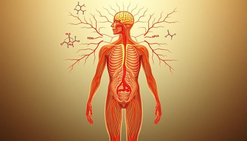 A detailed illustration of the human body's physiological response to adaptogens. In the foreground, a central figure depicts the hypothalamic-pituitary-adrenal (HPA) axis, with the hypothalamus, pituitary gland, and adrenal glands prominently displayed. Radiating from this core are networks of neurons, blood vessels, and hormones, including cortisol, showcasing how adaptogens modulate the stress response. In the middle ground, a series of molecular diagrams illustrate the mechanisms by which specific adaptogenic compounds interact with receptors and signaling pathways to promote homeostasis and resilience. The background features a soft, calming color palette, with subtle textures and patterns evoking a sense of balance and harmony within the body's complex adaptive systems. A detailed illustration of the human body's physiological response to adaptogens. In the foreground, a central figure depicts the hypothalamic-pituitary-adrenal (HPA) axis, with the hypothalamus, pituitary gland, and adrenal glands prominently displayed. Radiating from this core are networks of neurons, blood vessels, and hormones, including cortisol, showcasing how adaptogens modulate the stress response. In the middle ground, a series of molecular diagrams illustrate the mechanisms by which specific adaptogenic compounds interact with receptors and signaling pathways to promote homeostasis and resilience. The background features a soft, calming color palette, with subtle textures and patterns evoking a sense of balance and harmony within the body's complex adaptive systems.